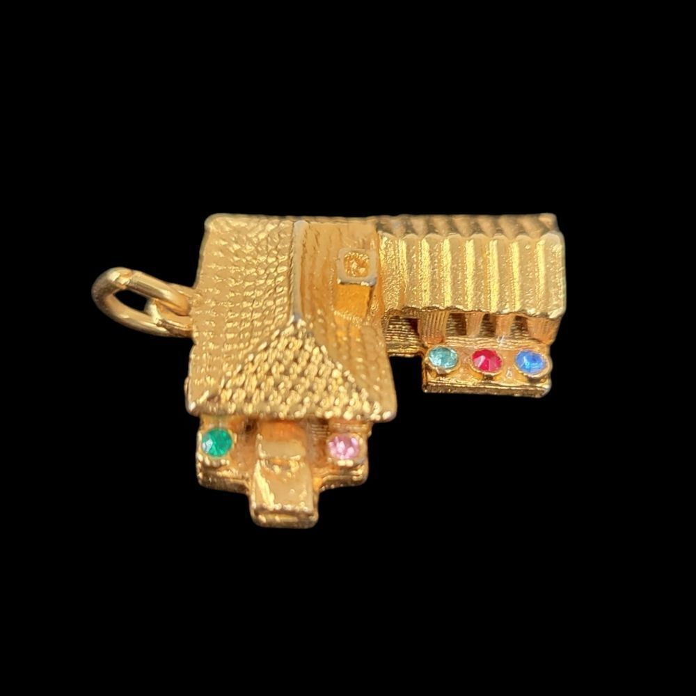 Vintage Yellow Faux Gold Toned 3D House with Garage Pendant Charm Rhinestones